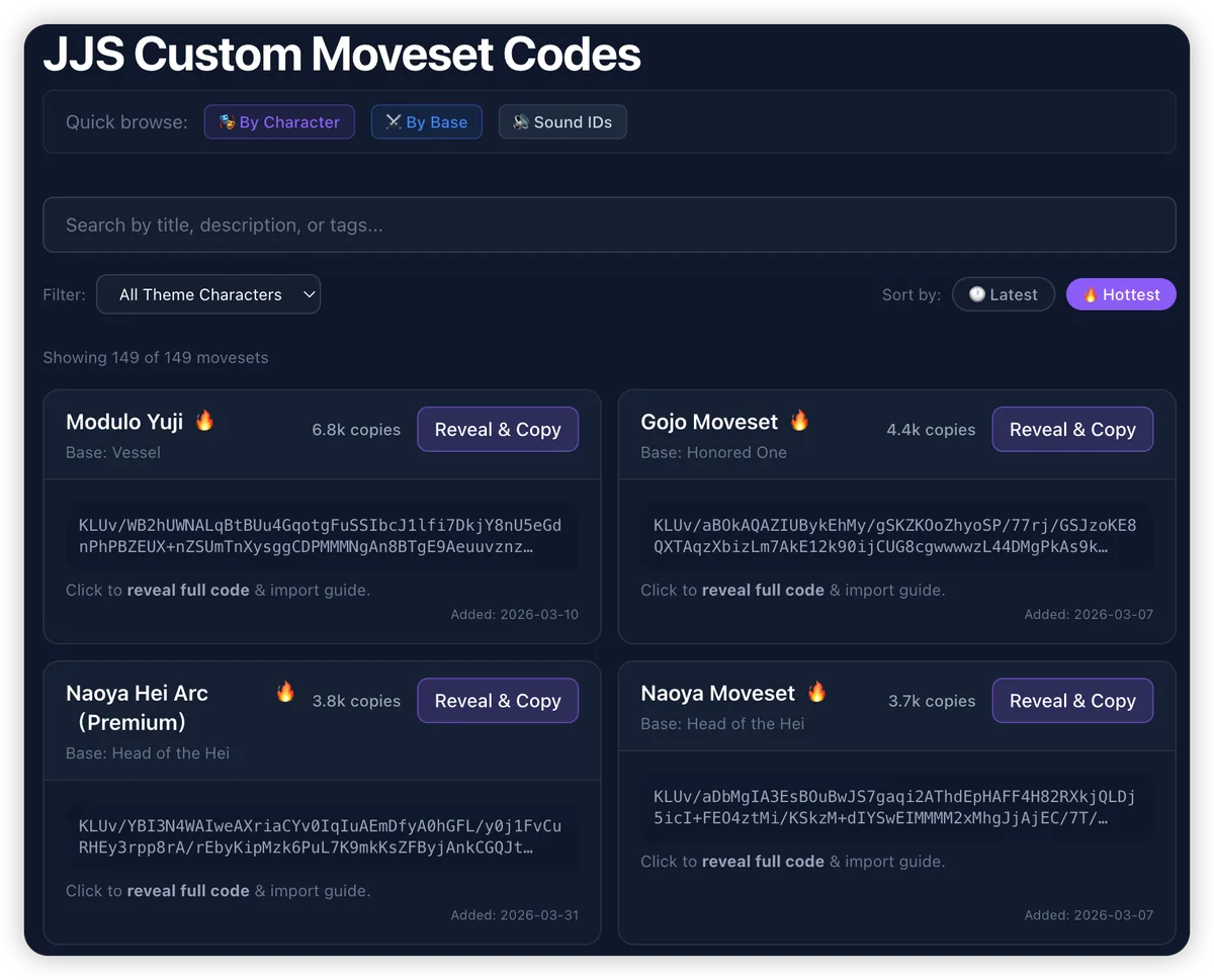 Best JJS moveset codes list with copy buttons