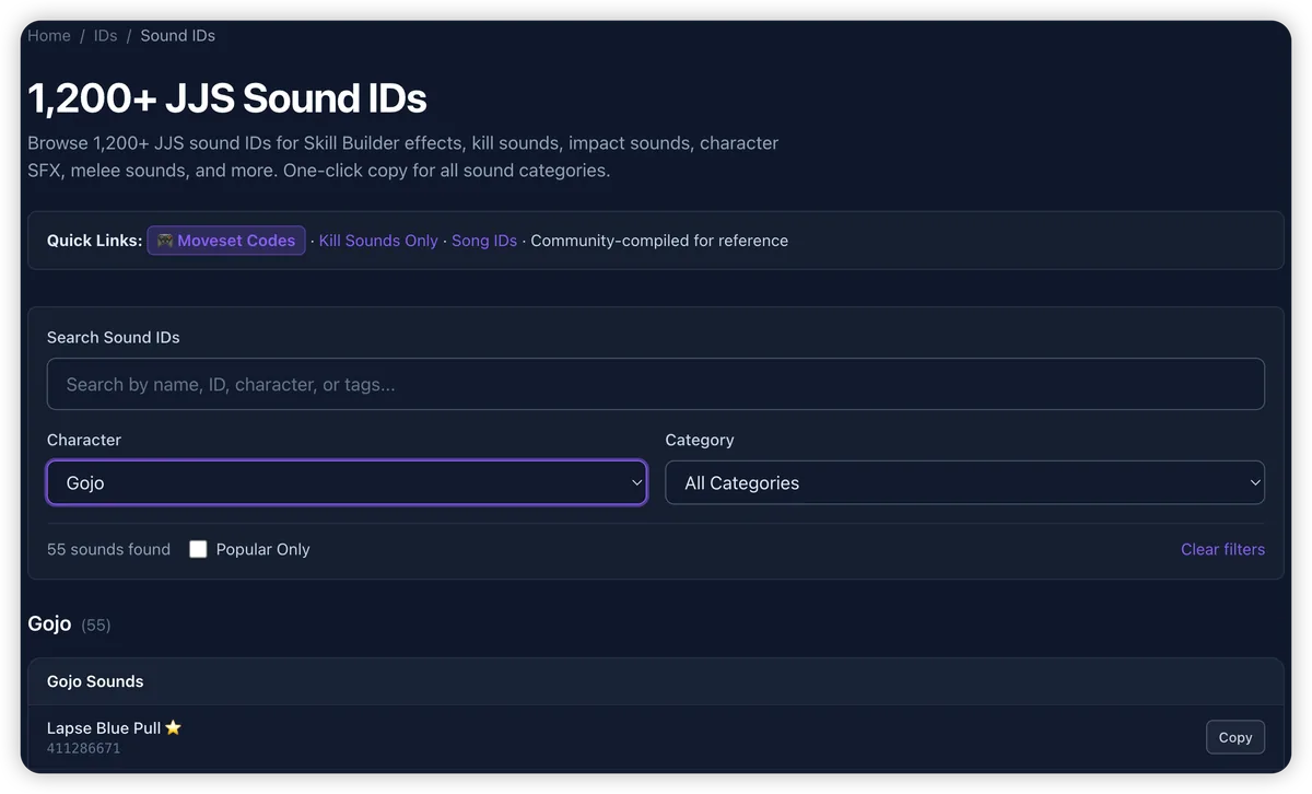 JJS sound IDs searchable database with copy buttons