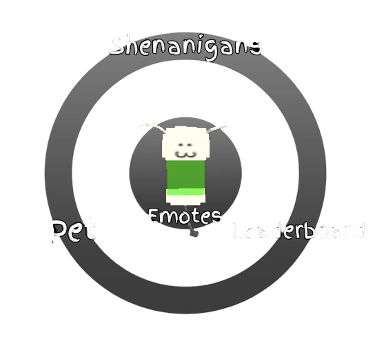 Kogane wheel with Shenanigans at the top, Pet on the left, Leaderboard on the right and Emotes in the center