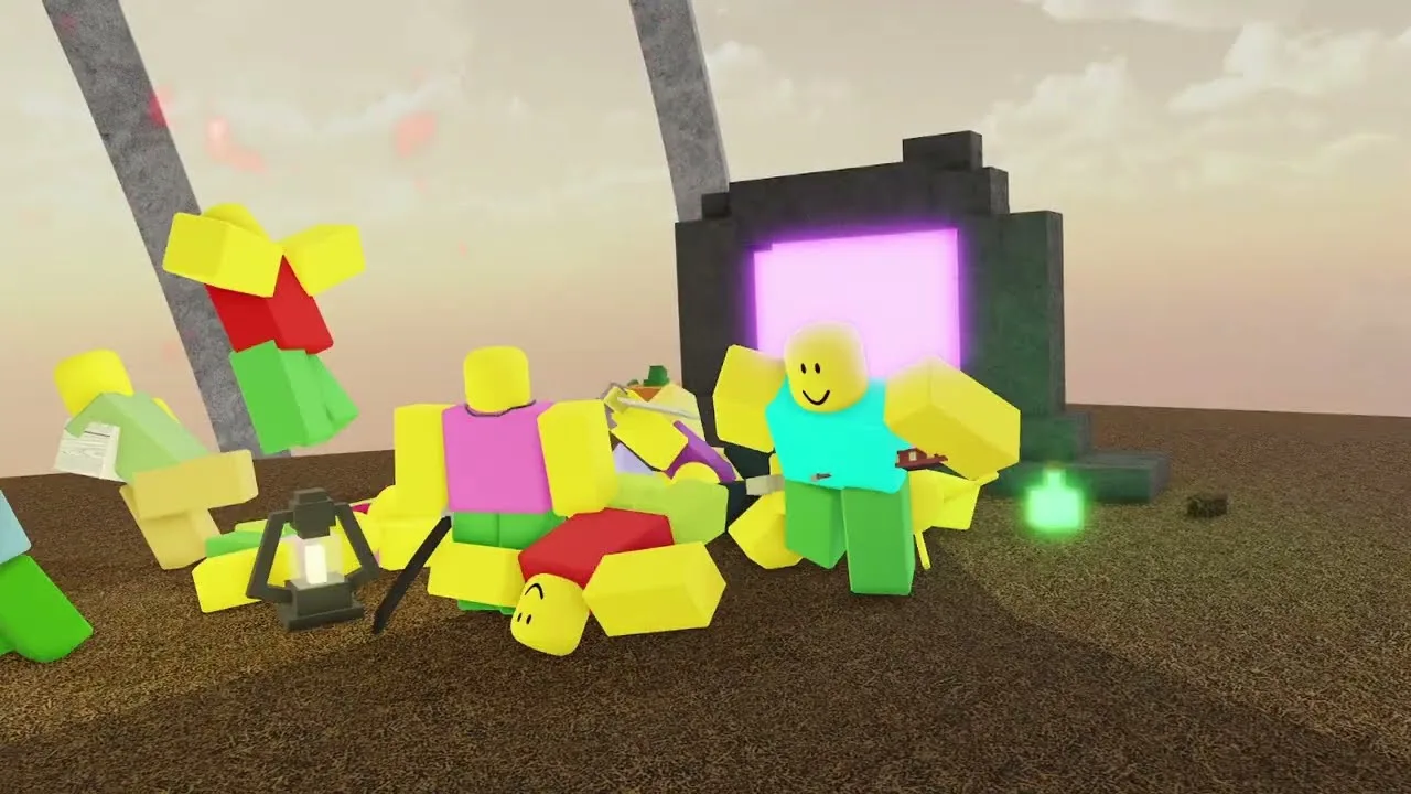 Roblox characters gathered beside a glowing purple portal in Tze’s Halloween trailer